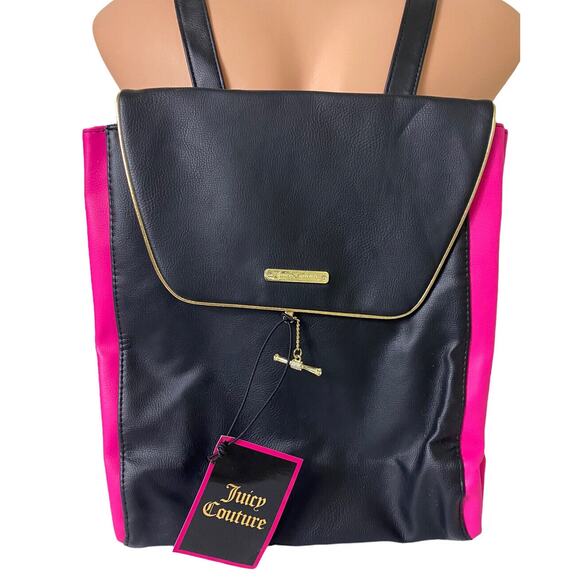 Juicy Couture Backpack Black Pink Bag Expandable Purse Handbag Gold Trim New - Picture 2 of 10